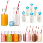 Retro-Milchflaschen aus Glas; 6er-Set mit wiederverwendbaren Trinkhalmen und Deckeln, Glasware 300 ml von HTUK®