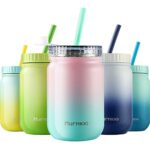 Murmioo trinkbecher mit strohhalm ,smoothie flasche,Thermobecher Kaffee to Go,doppelwandig，vakuum isoliert，Strohhalm wiederverwendbar,18/8 Edelstahl,BPA Free 400ml Blau/Rosa Farbverlauf