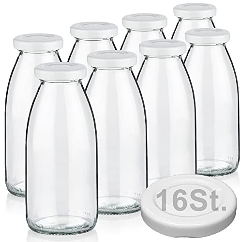 8 Milchflaschen 250ml mit 16 Deckel BPA frei Saftflaschen Glasflaschen 0,25L auch erhältlich mit 2/5/15 Flaschen Smoothie Weithalsflaschen Milchflasche leer zum Befüllen Trinkflasche Schraubdeckel