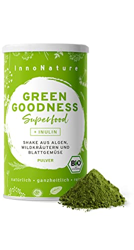 Bio “Green Goodness” Superfood Shake mit 12 Superfoods (Weizengras + Gerstengras + Moringa + Chlorella + Spirulina + Kelp etc.) 300g Premium grünes Smoothie Pulver/Shake. Vegan + hergestellt in DE.