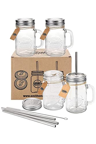 Smiths Mason Jar Trinkglas Set mit vier Gläsern mit Deckel und Strohhalmen. Auch Deckel ohne Löcher und eine Strohhalm-Reinigungsbürste werden mitgeliefert
