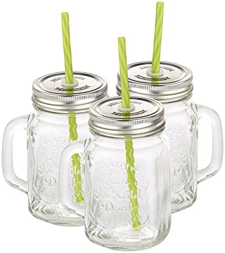 PEARL Retro Gläser: 3er-Set Retro-Trinkgläser mit Henkel, Deckel und Trinkhalm (Trinkglas mit Griff)
